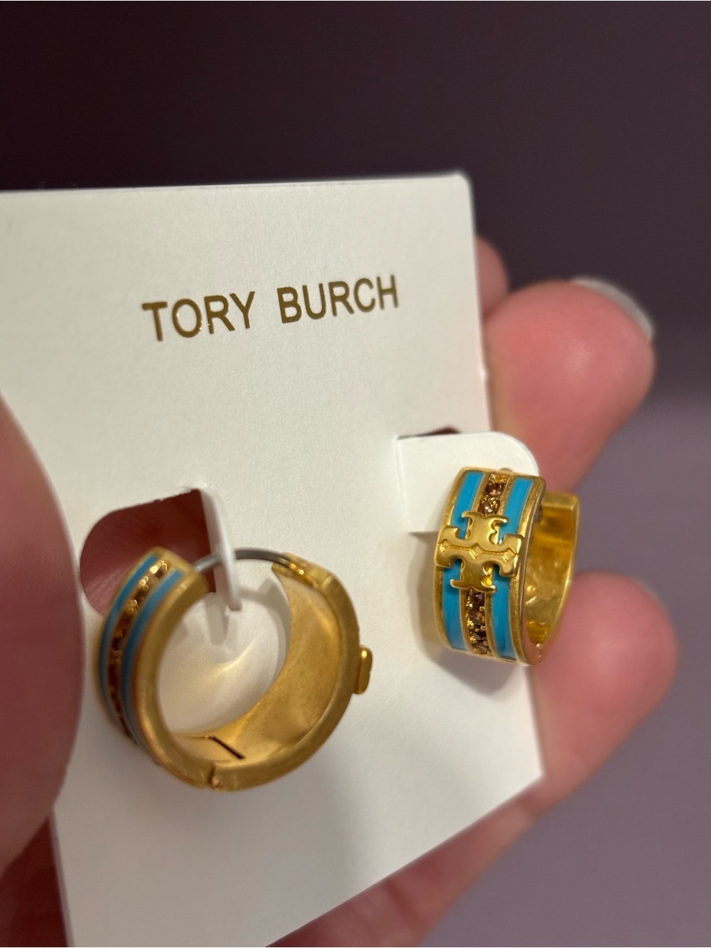 Tory Burch Gold Hoop Earrings with Turquoise Enamel - Picture 4 of 4